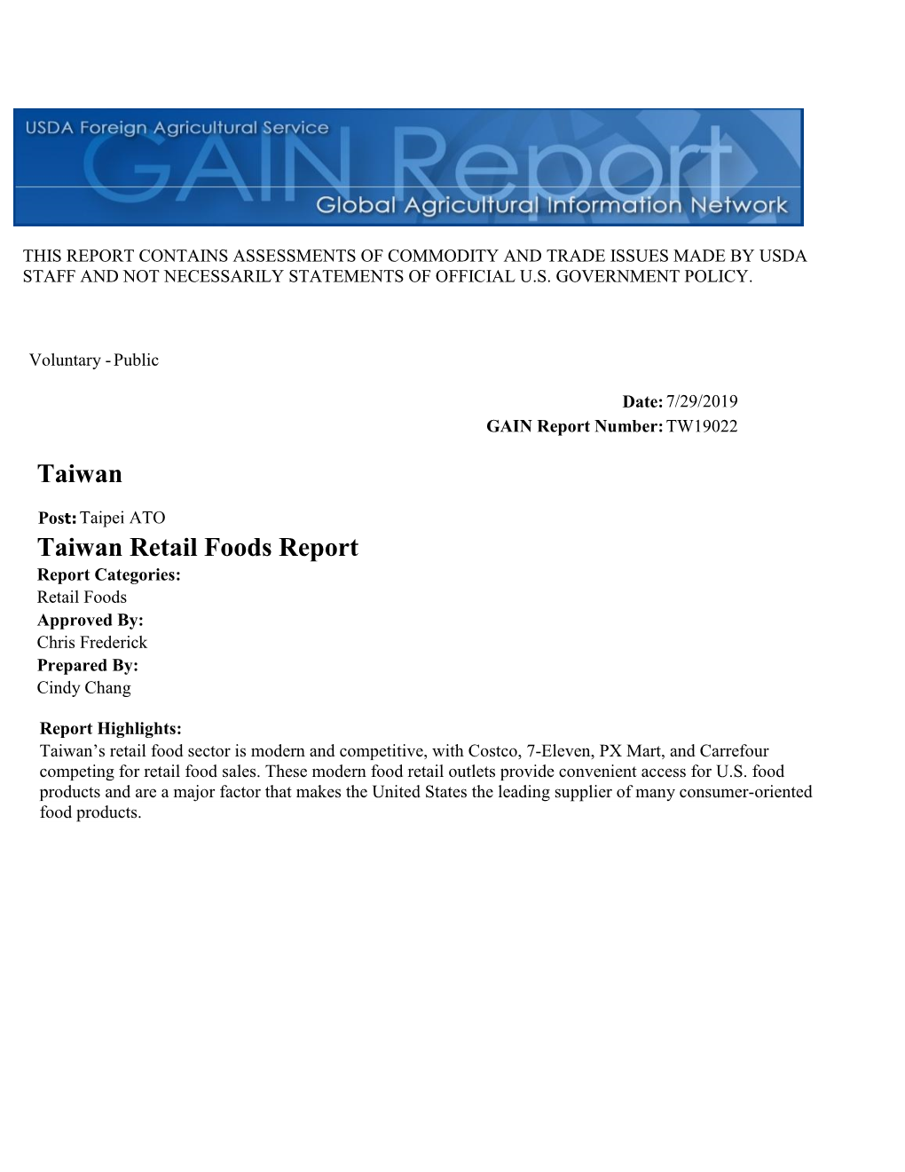 Taiwan Taiwan Retail Foods Report