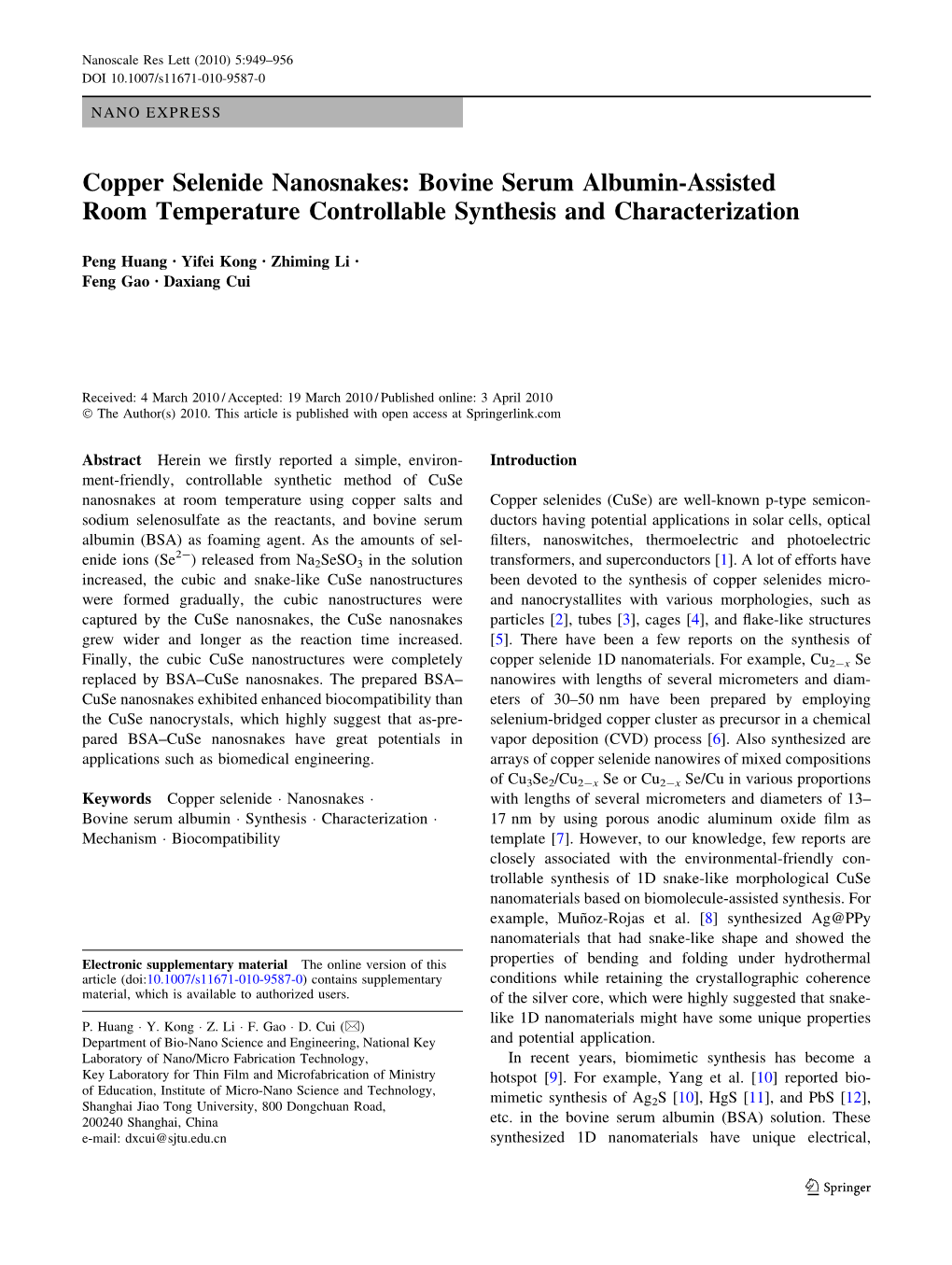 Copper Selenide Nanosnakes: Bovine Serum Albumin-Assisted Room Temperature Controllable Synthesis and Characterization