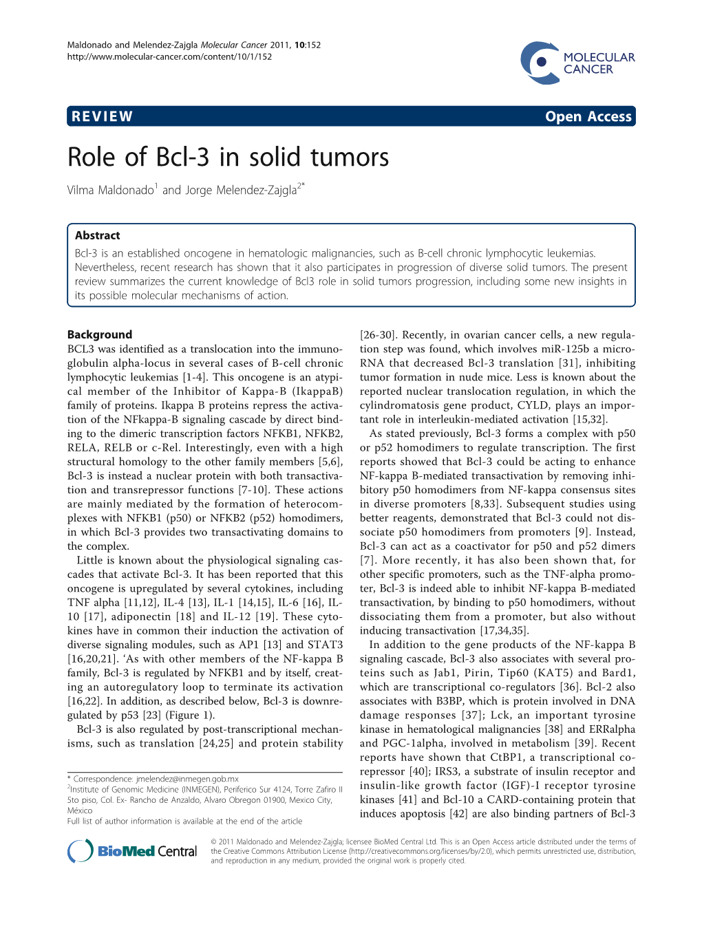 Role of Bcl-3 in Solid Tumors Vilma Maldonado1 and Jorge Melendez-Zajgla2*
