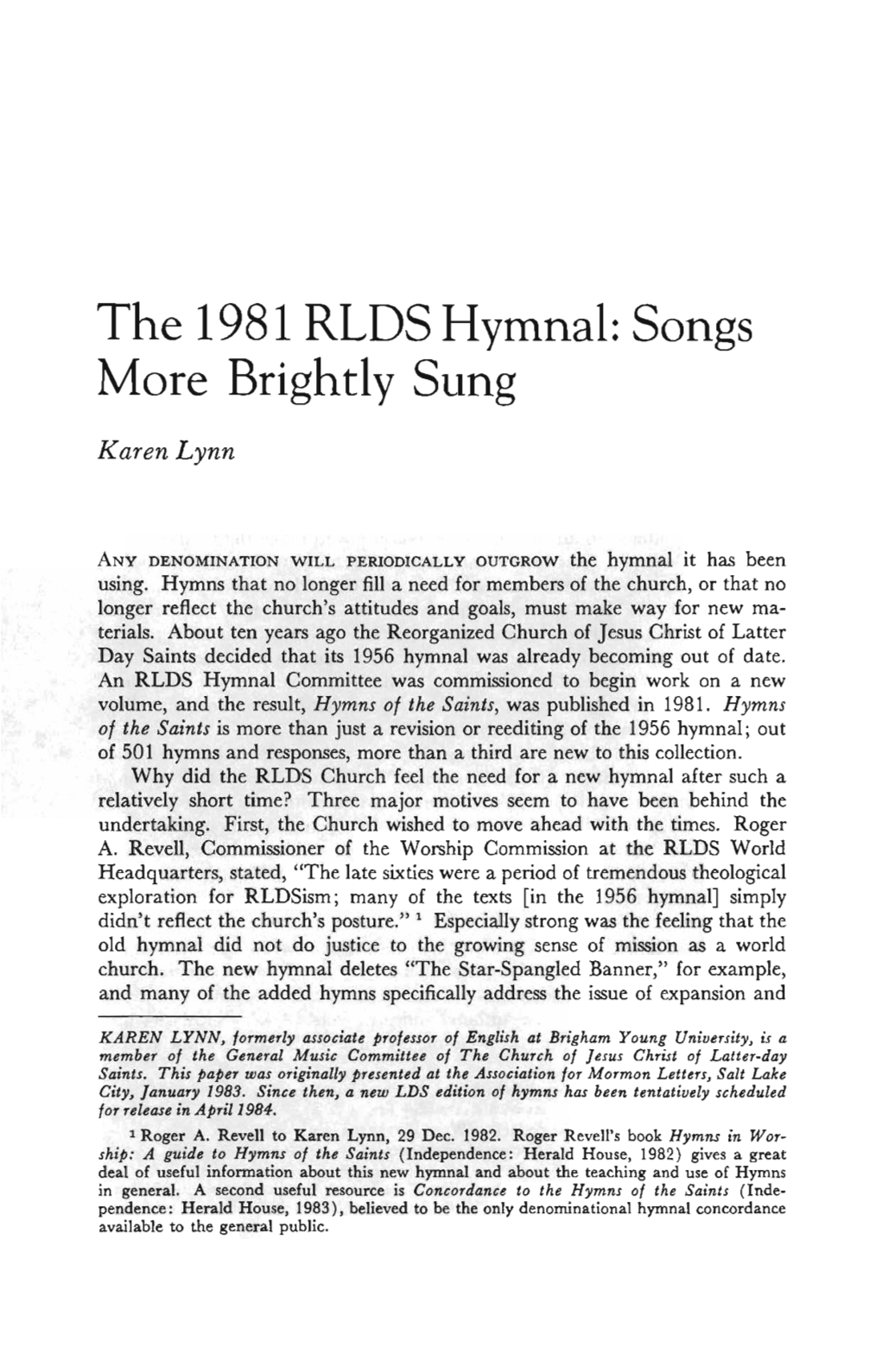 The 1981 RLDS Hymnal: Songs More Brightly Sung