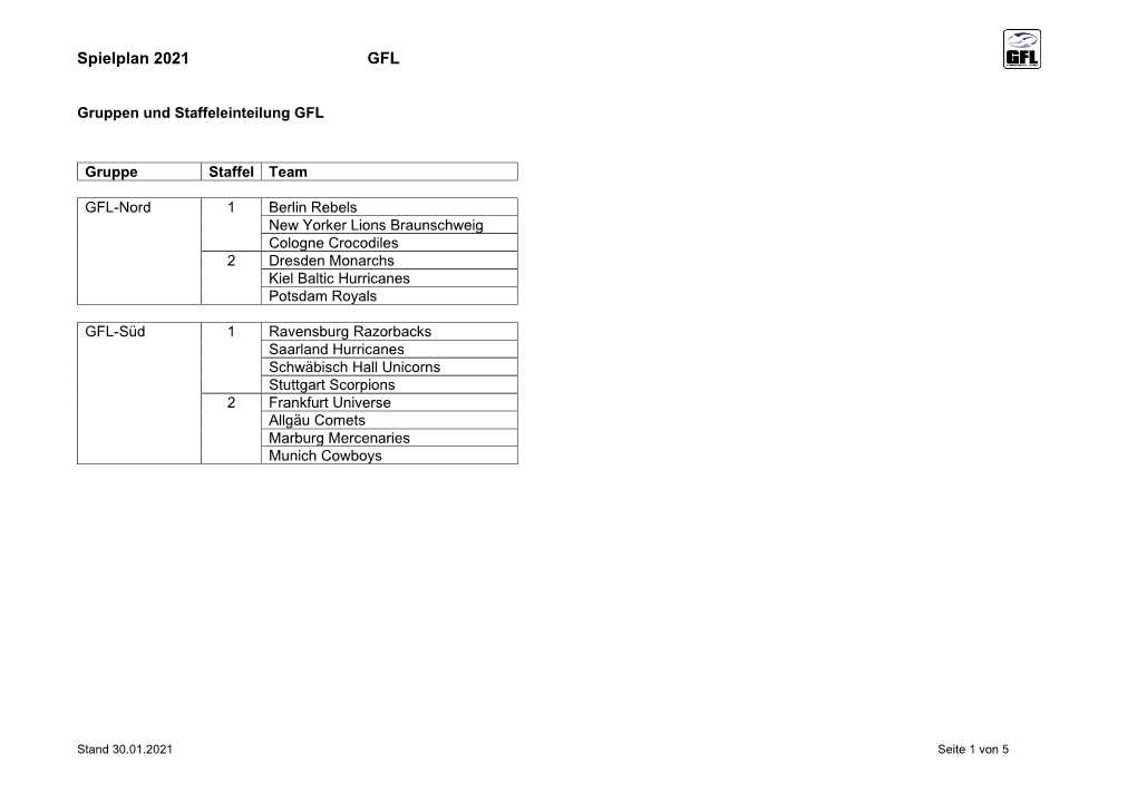 Spielplan 2021 GFL