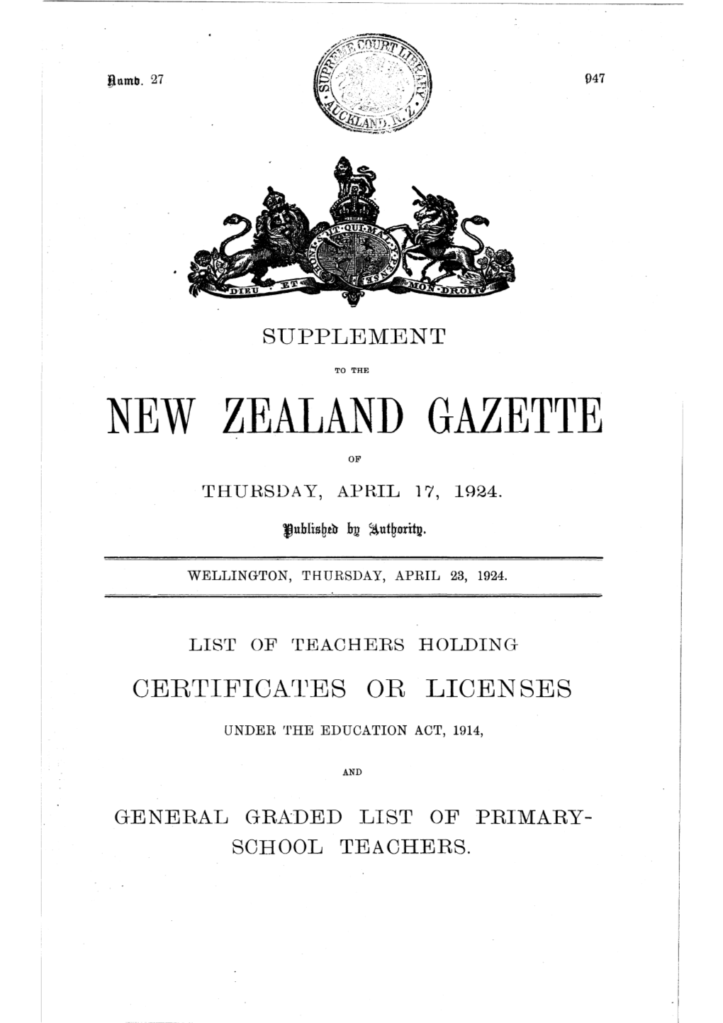 New Zealand Gazette Of