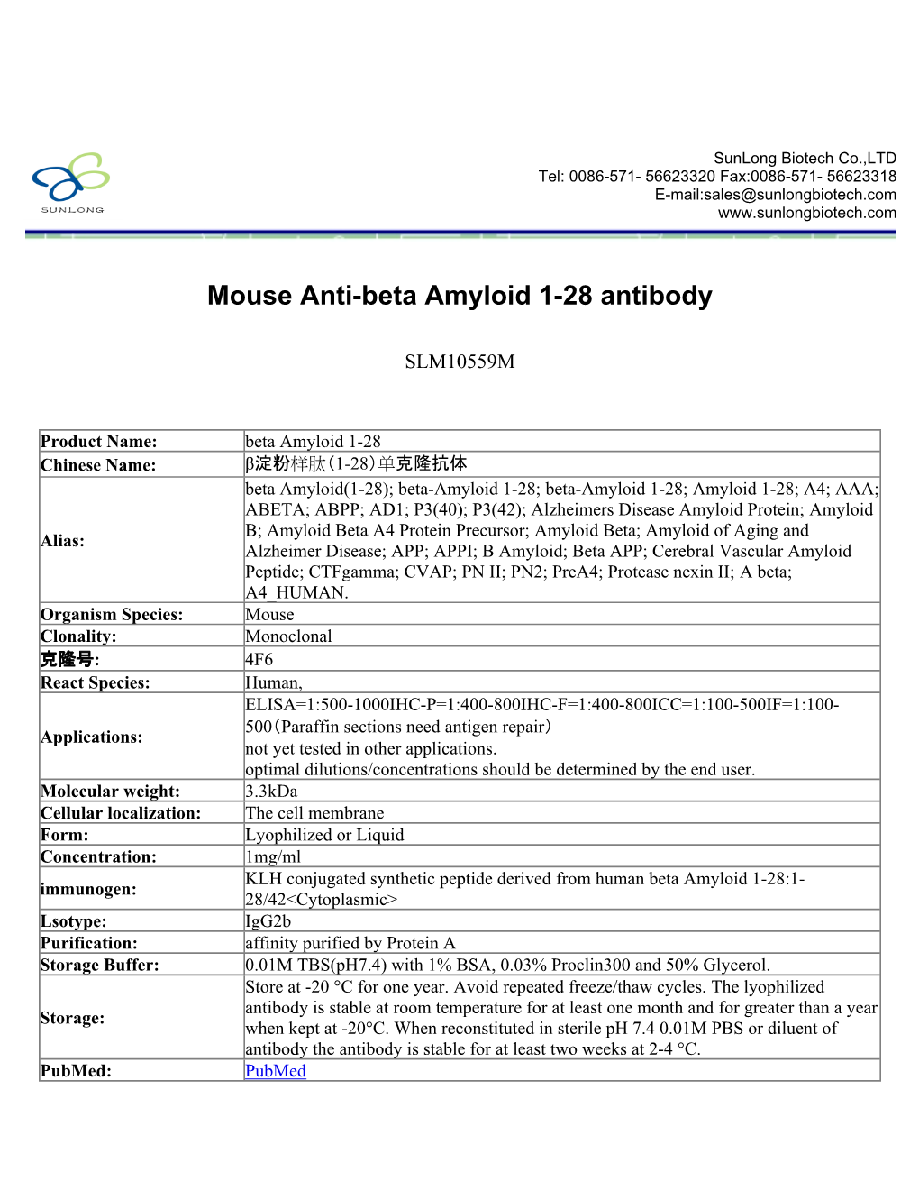 Mouse Anti-Beta Amyloid 1-28 Antibody