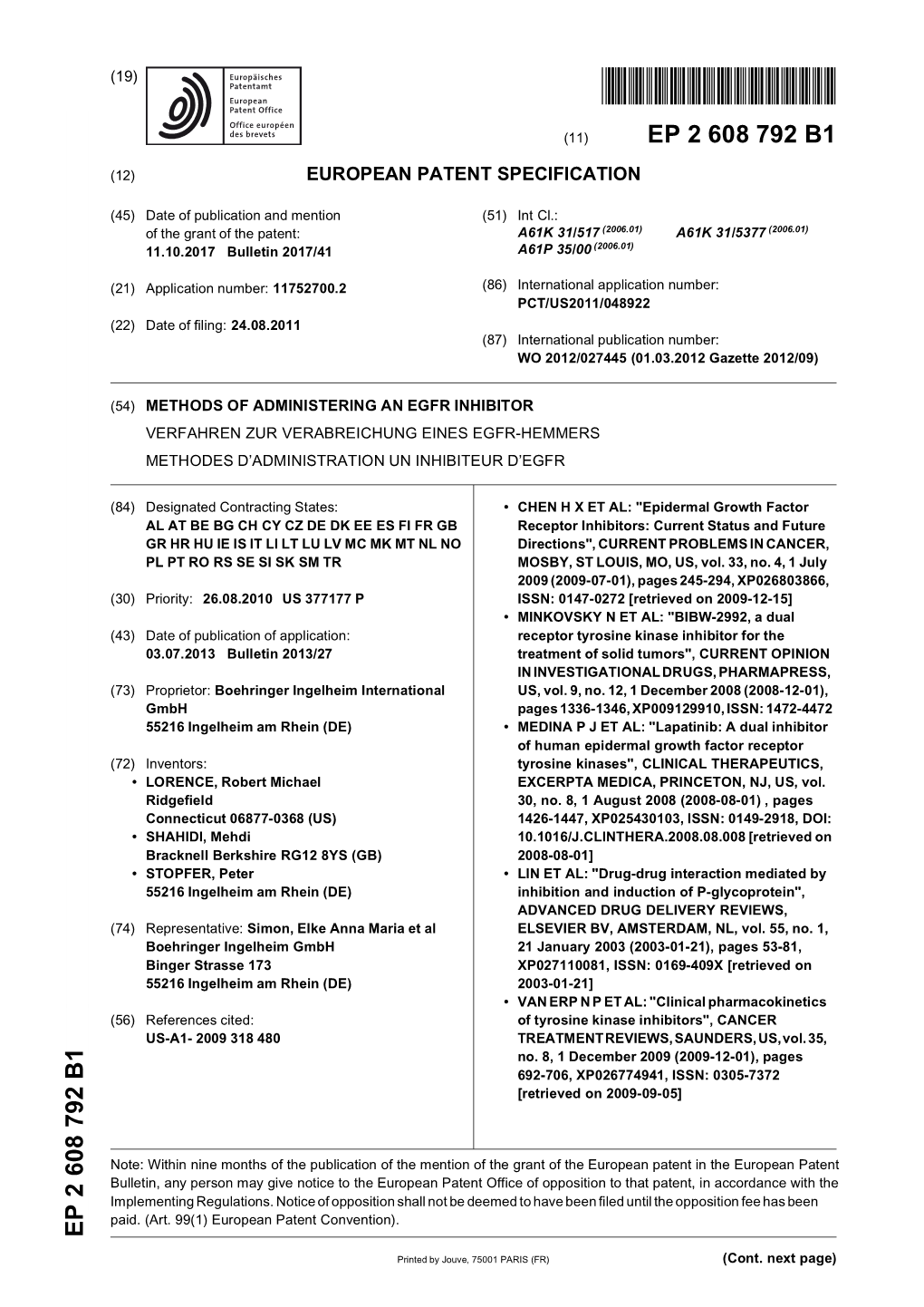 Methods of Administering an Egfr Inhibitor Verfahren Zur Verabreichung Eines Egfr-Hemmers Methodes D’Administration Un Inhibiteur D’Egfr