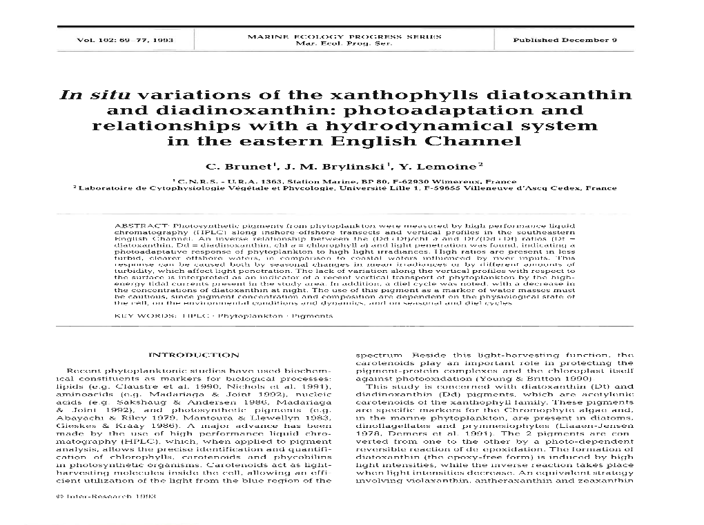 In Situ Variations of the Xanthophylls Diatoxanthin and Diadinoxanthin