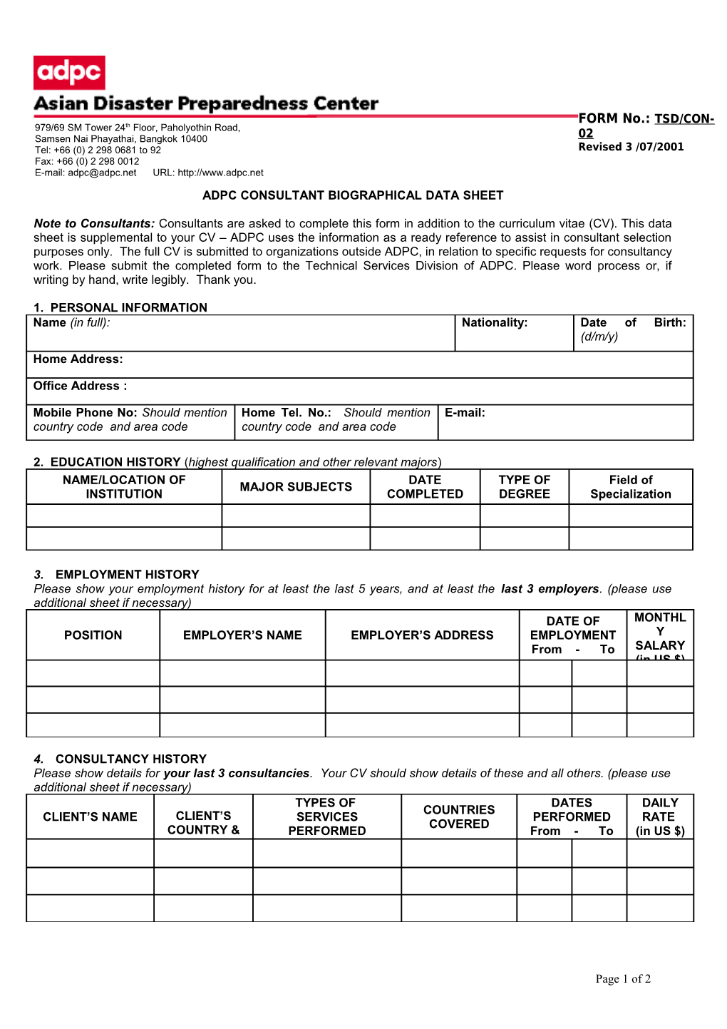 Consultant Biodata Sheet