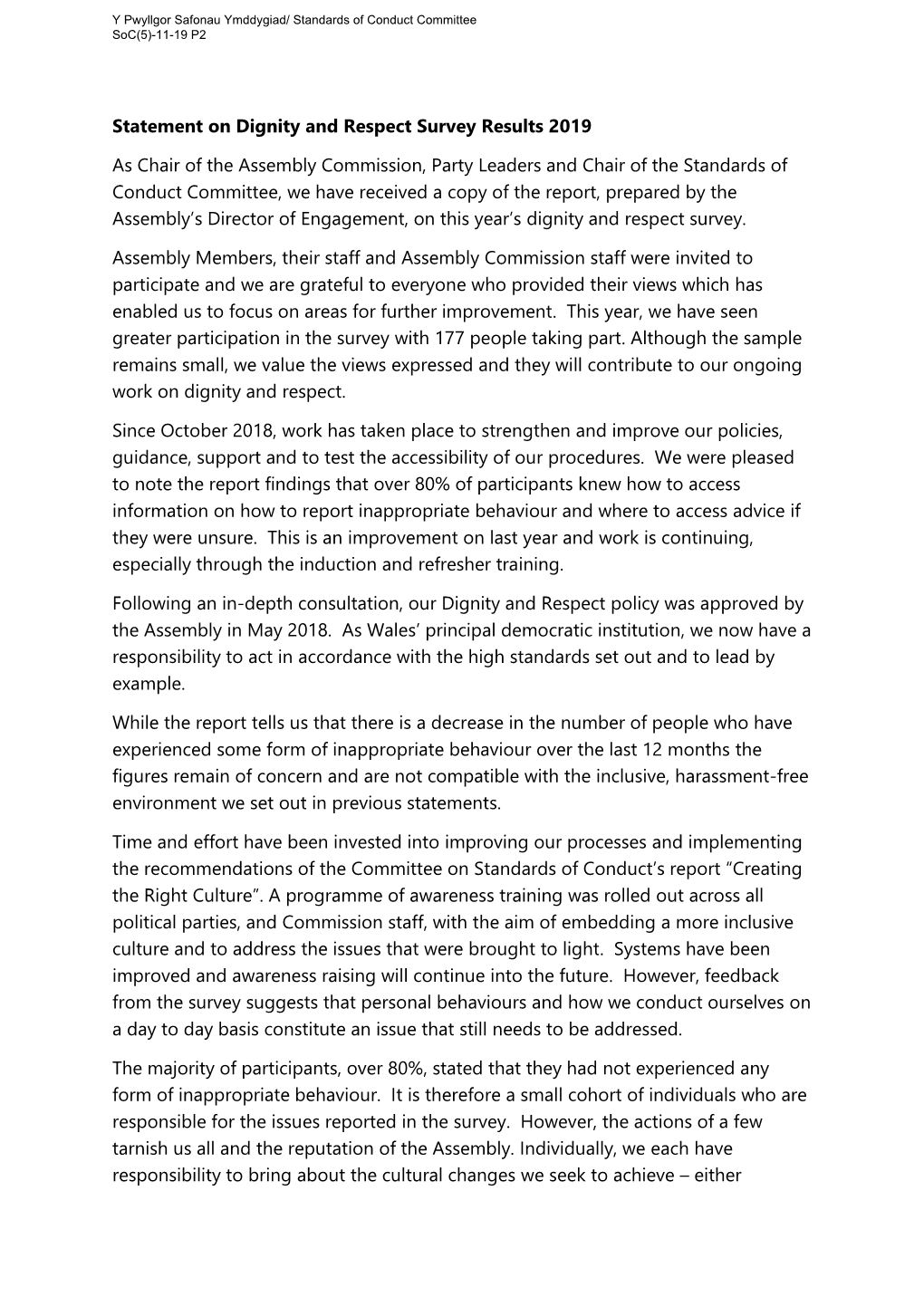 Statement on Dignity and Respect Survey Results 2019