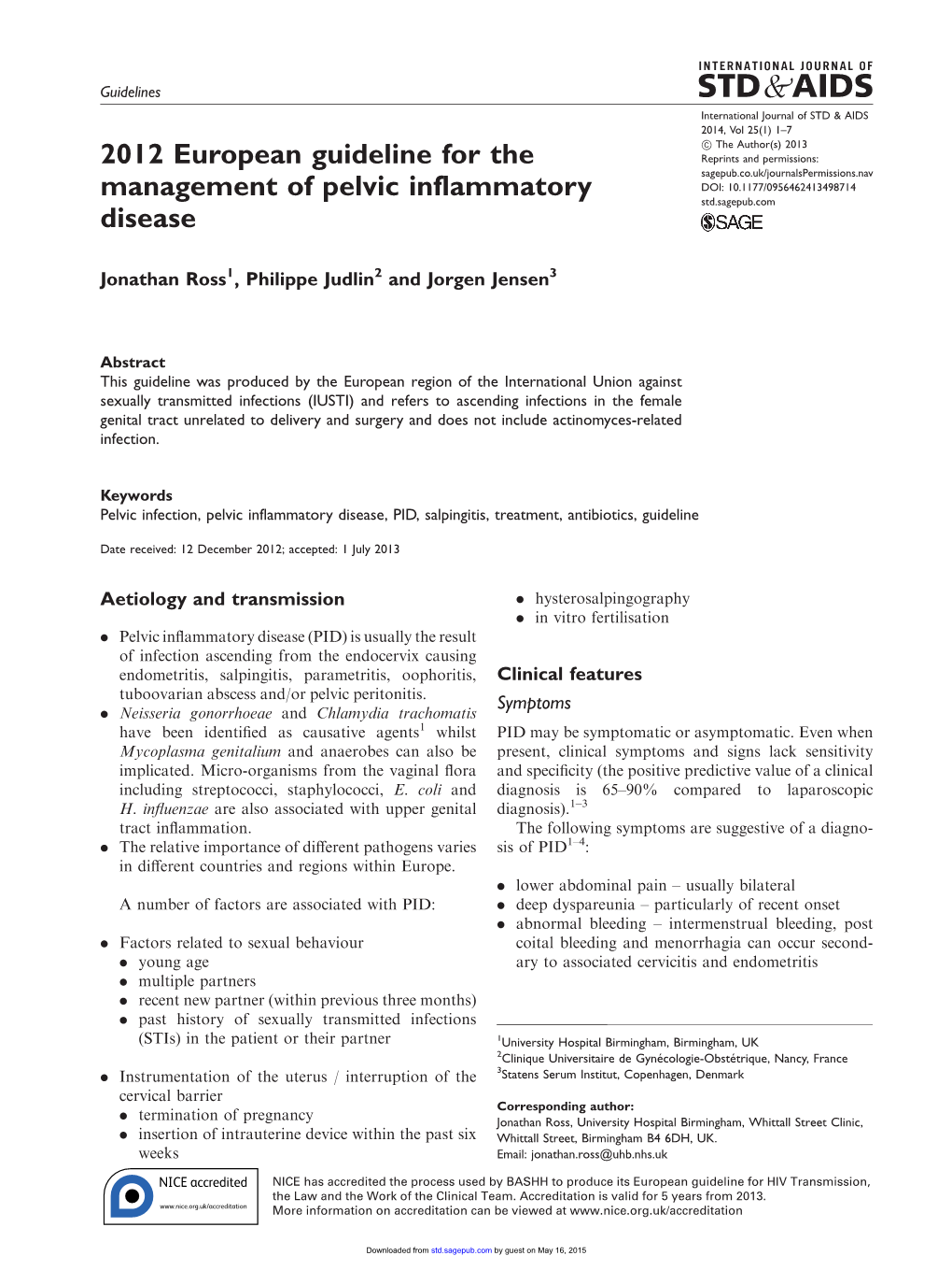 2012 European Guideline for the Management of Pelvic Inflammatory