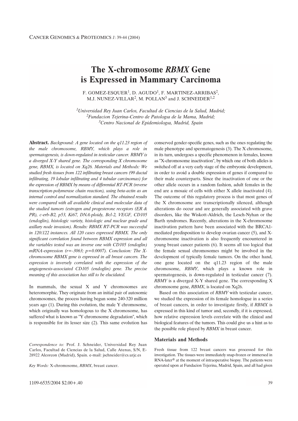 The X-Chromosome RBMX Gene Is Expressed in Mammary Carcinoma