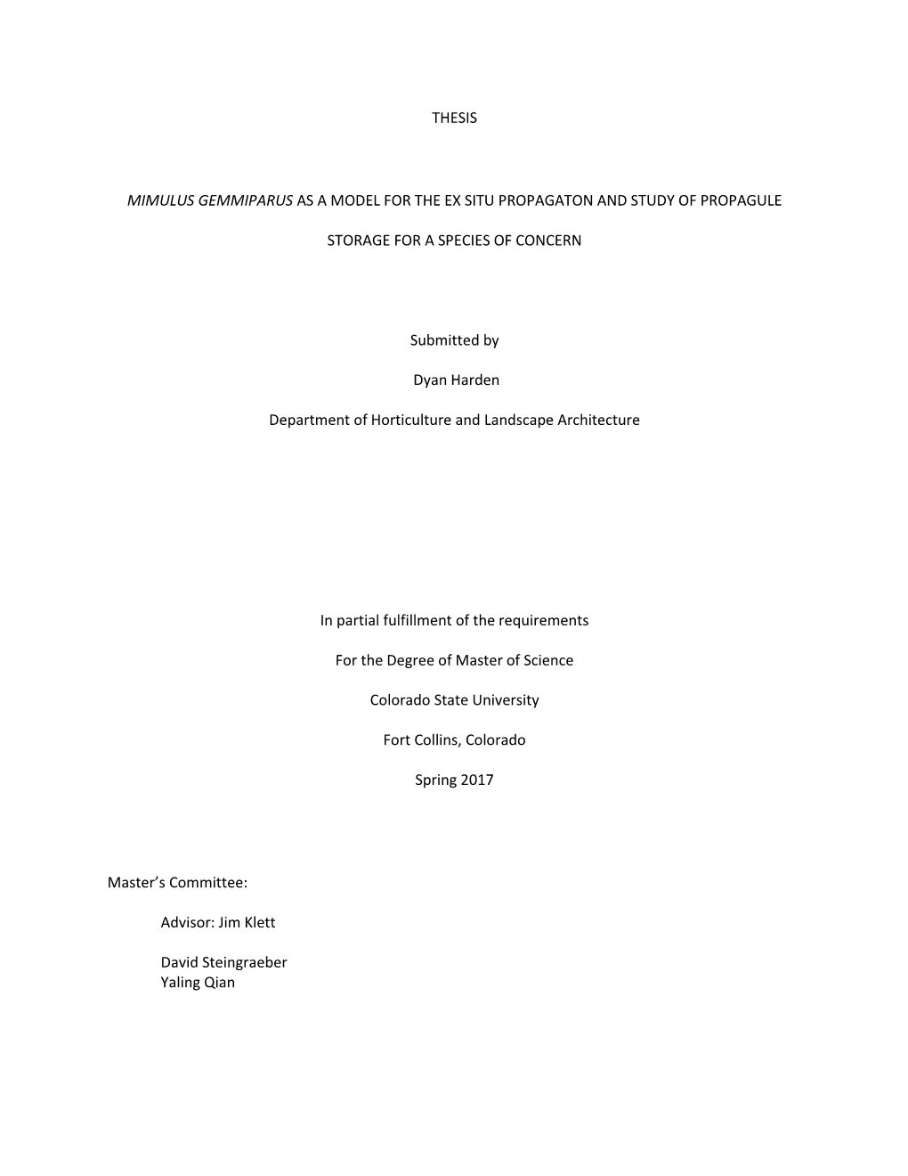 Thesis Mimulus Gemmiparus As a Model for the Ex Situ