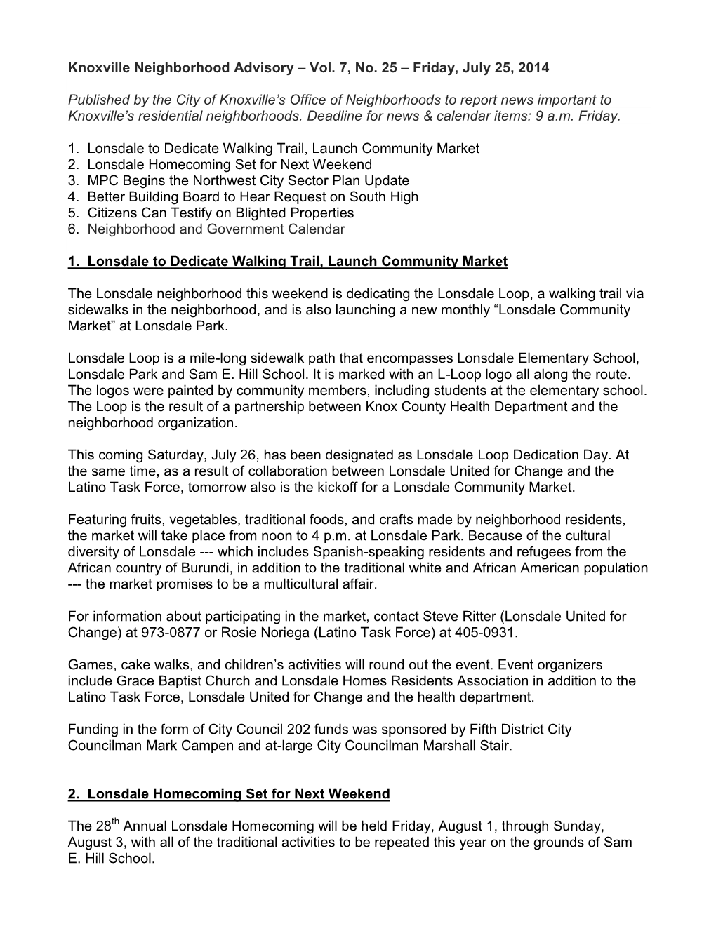 Knoxville Neighborhood Advisory #120 – Friday, April 15, 2011