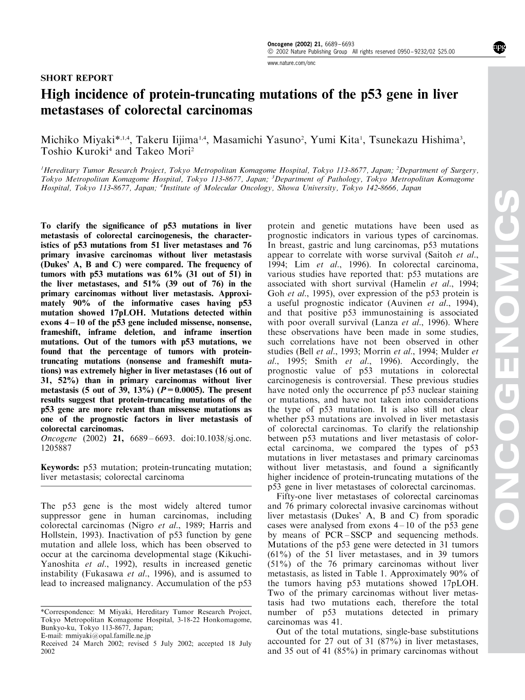 High Incidence of Protein-Truncating Mutations of the P53 Gene in Liver Metastases of Colorectal Carcinomas