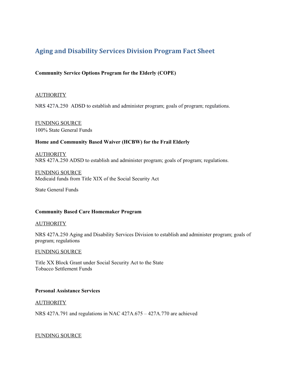 Aging and Disability Services Division Program Fact Sheet