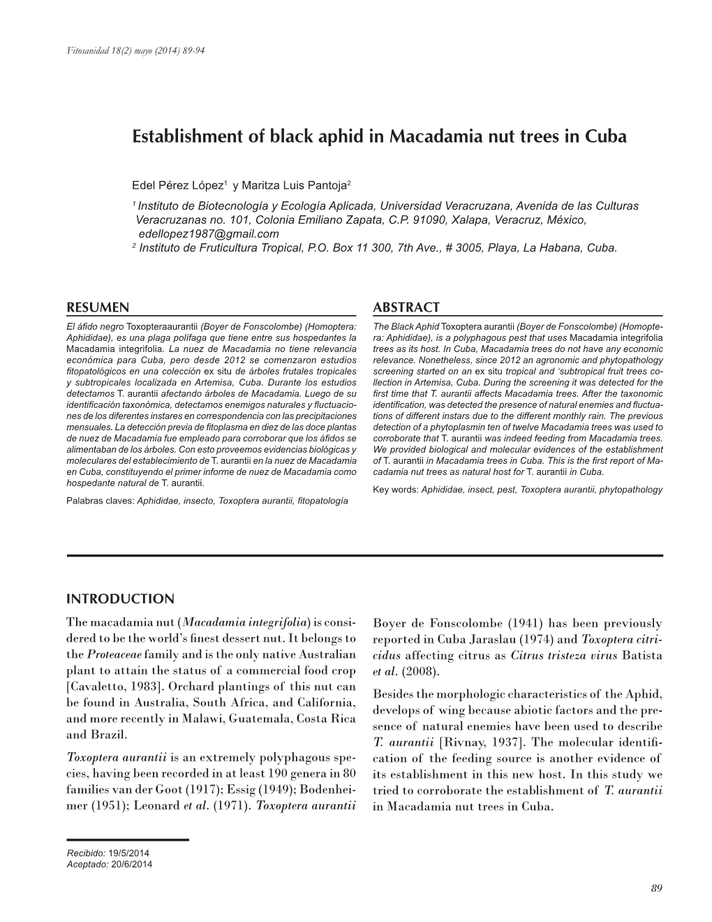 Redalyc.Establishment of Black Aphid in Macadamia Nut Trees in Cuba