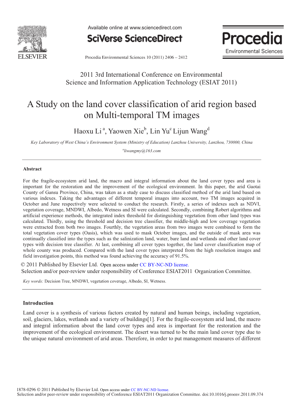 A Study on the Land Cover Classification of Arid Region Based on Multi-Temporal TM Images