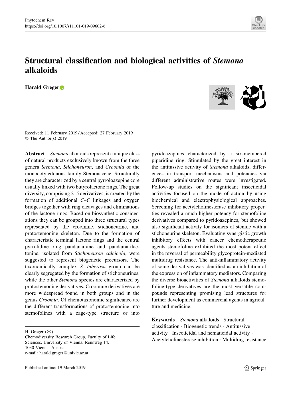 Structural Classification and Biological Activities of Stemona Alkaloids