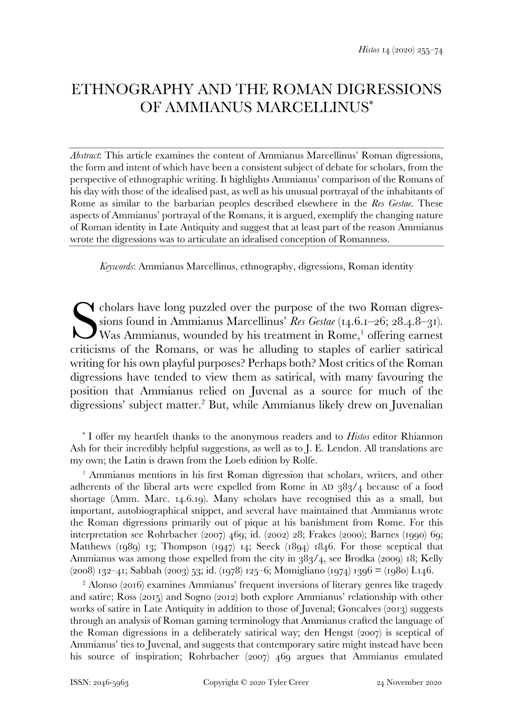 Ethnography and the Roman Digressions of Ammianus Marcellinus *