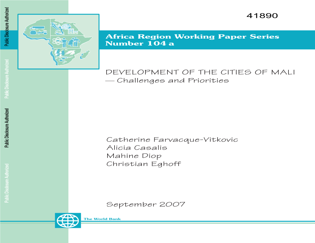 DEVELOPMENT of the CITIES of MALI Telephone: (202) 473-1000 — Challenges and Priorities Facsimile: (202) 477-6391 RCA248423 WORLDDBK