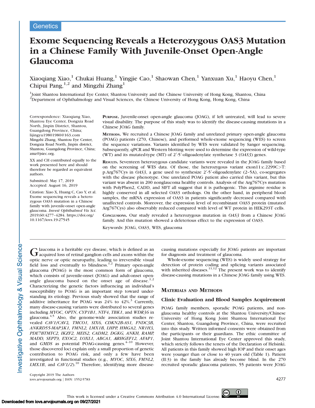 Exome Sequencing Reveals a Heterozygous OAS3 Mutation in a Chinese Family with Juvenile-Onset Open-Angle Glaucoma