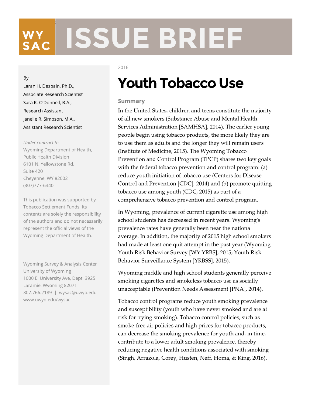 Youth Tobacco Use ISSUE BRIEF