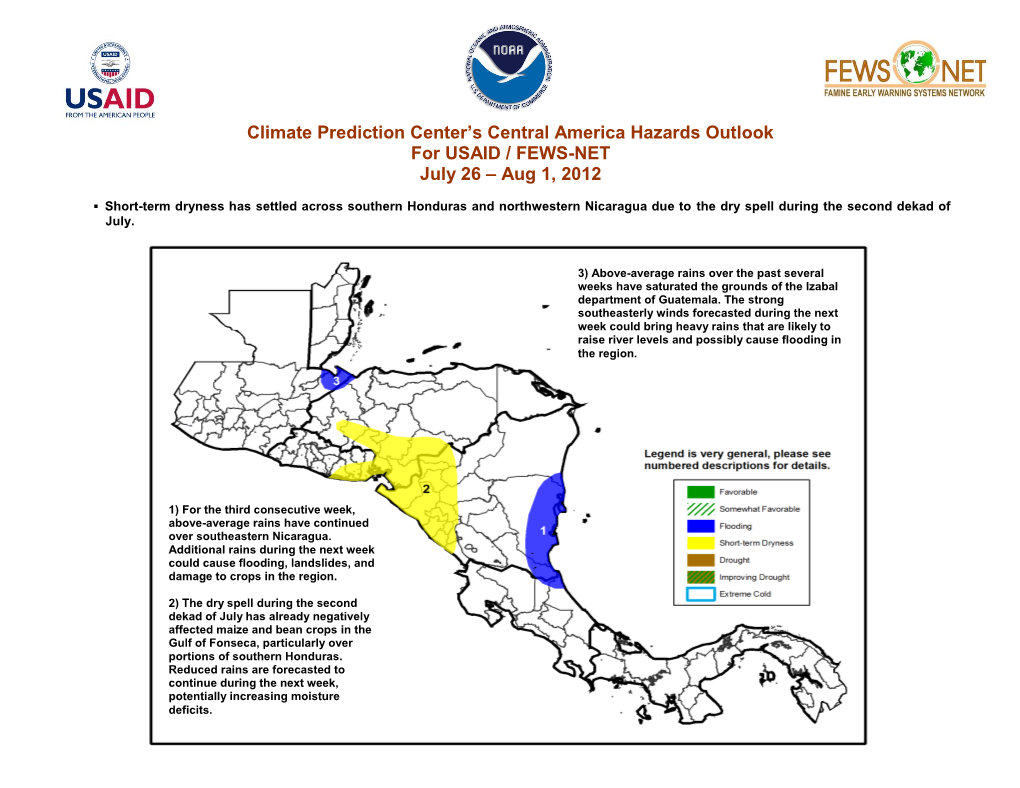 Central America Hazards Outlook, July 26-August 1, 2012