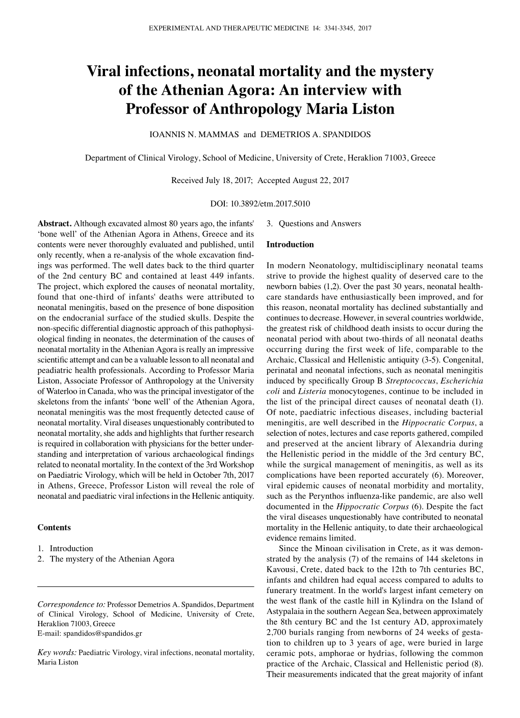 Viral Infections, Neonatal Mortality and the Mystery of the Athenian Agora: an Interview with Professor of Anthropology Maria Liston