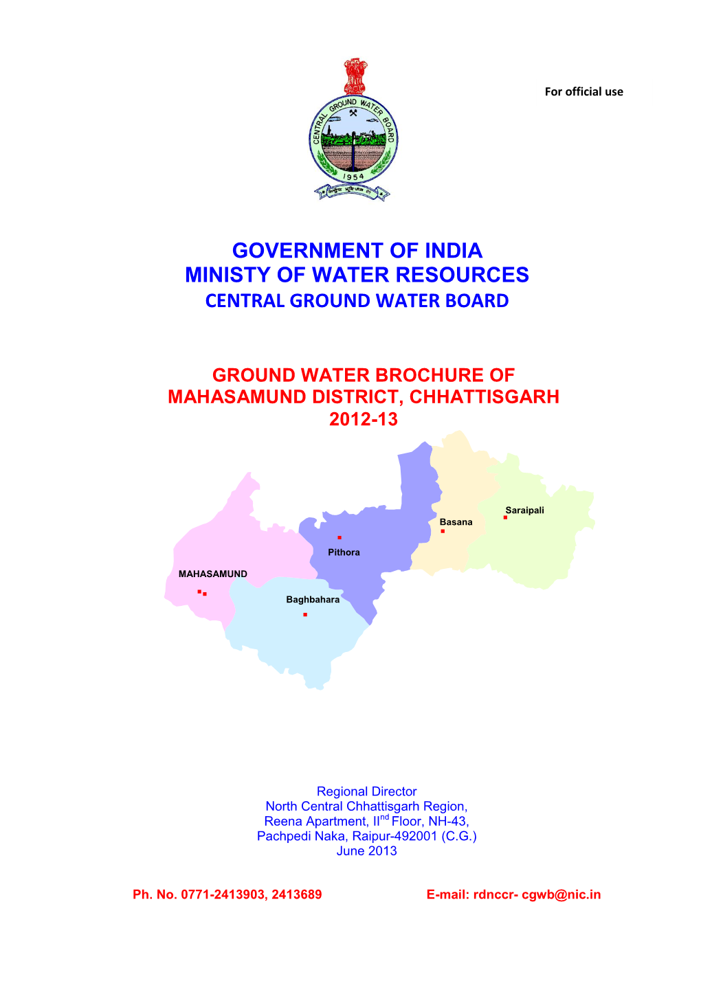 Ground Water Brochure of Mahasamund District, Chhattisgarh 2012-13