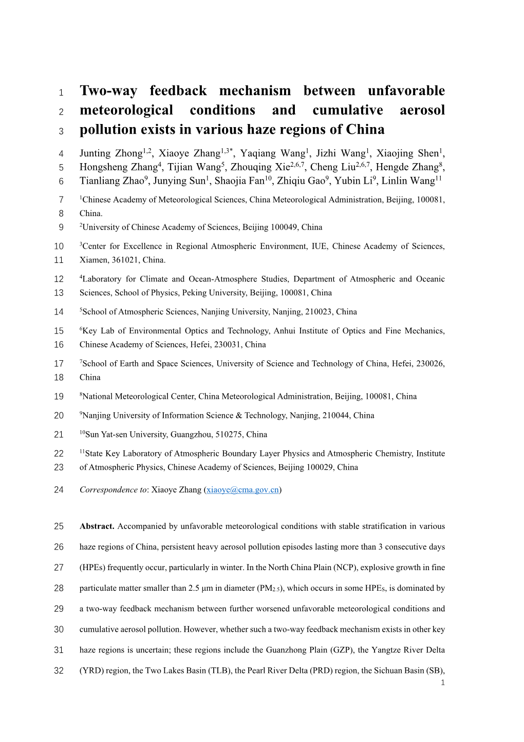 Two-Way Feedback Mechanism Between Unfavorable 2 Meteorological Conditions and Cumulative Aerosol 3 Pollution Exists in Various Haze Regions of China