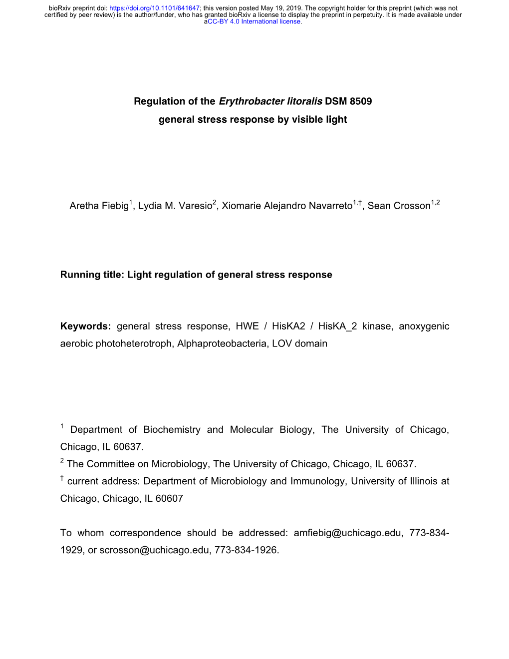 Regulation of the Erythrobacter Litoralis DSM 8509 General Stress Response by Visible Light