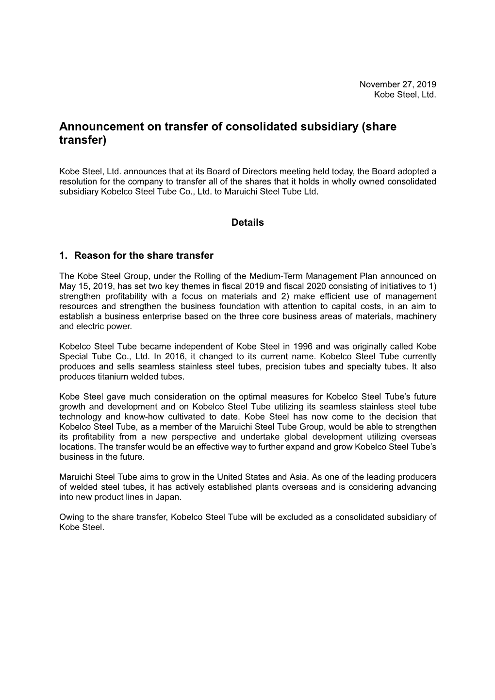 Announcement on Transfer of Consolidated Subsidiary (Share Transfer)