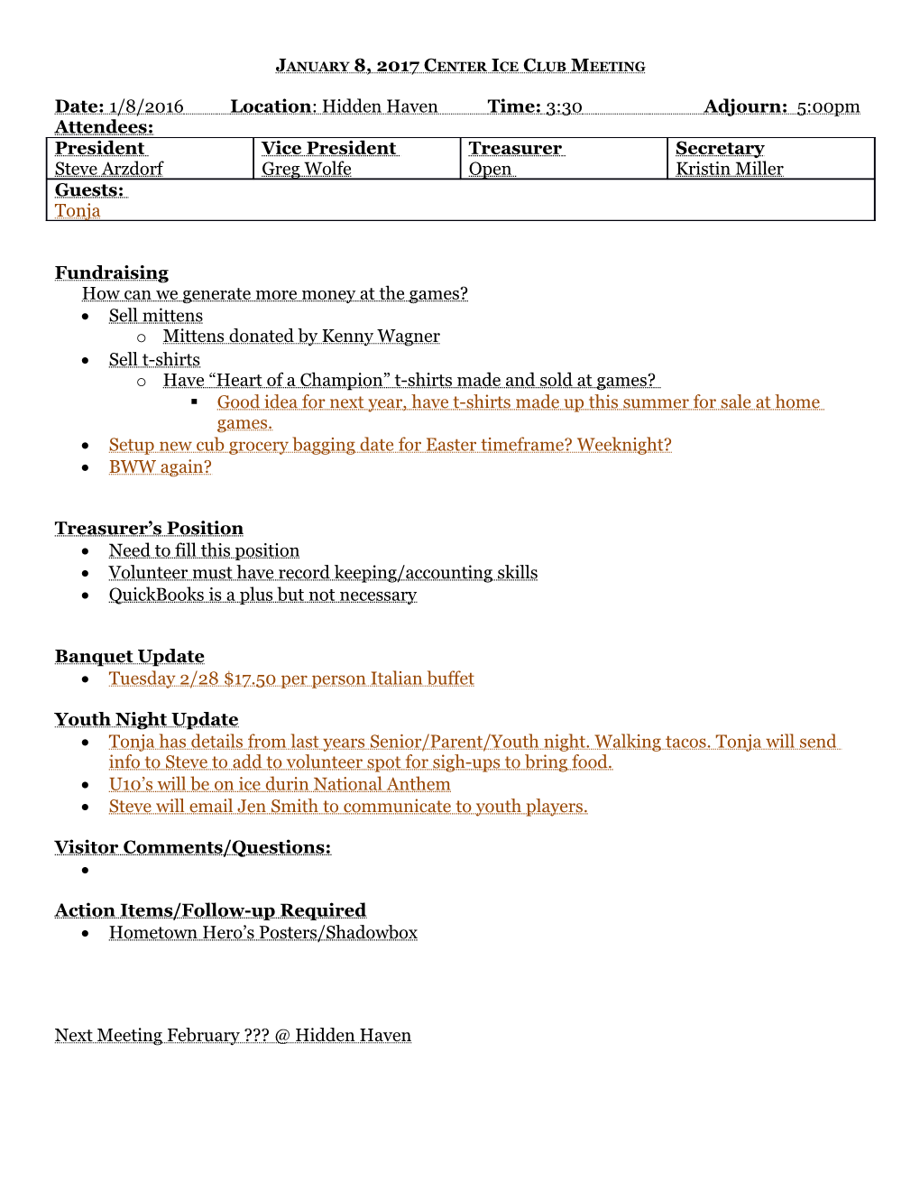 December Center Ice Club Board Meeting Minutes