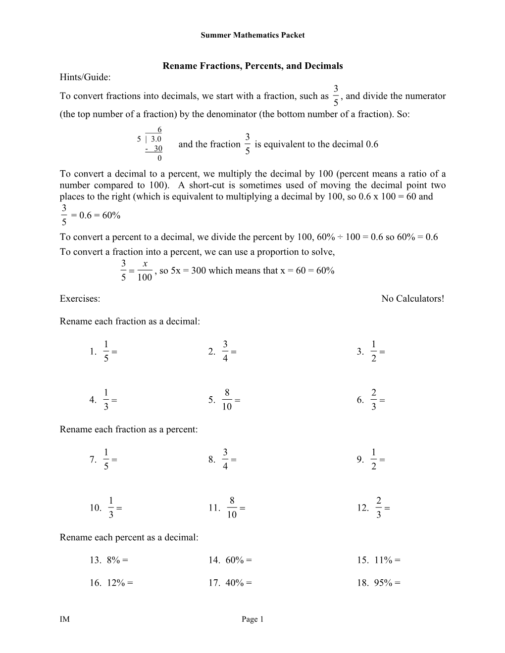 Rename Fractions, Percents, and Decimals Hints/Guide