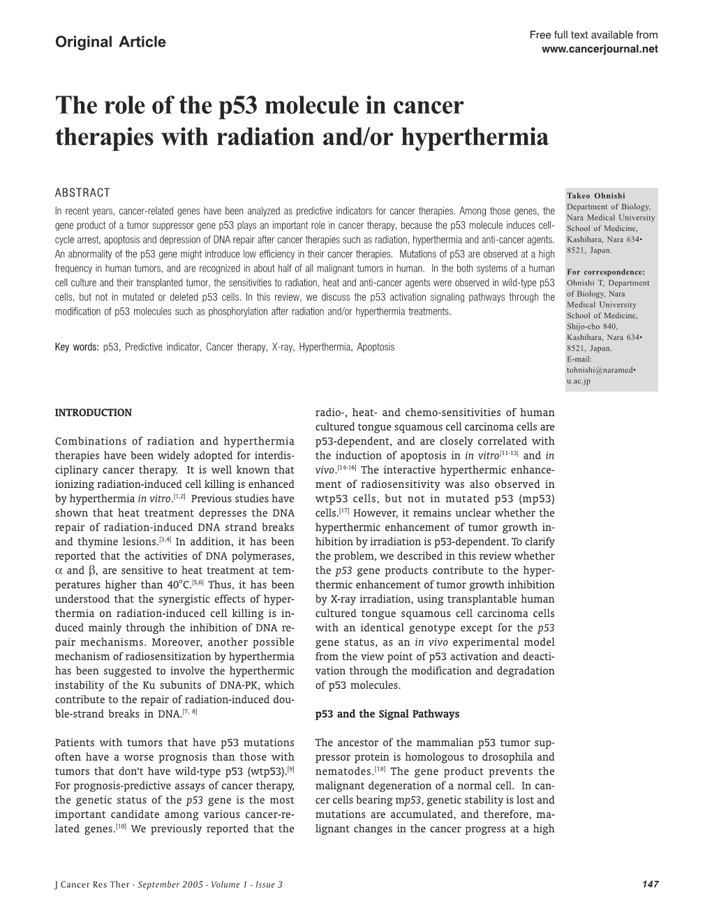 The Role of the P53 Molecule in Cancer Therapies with Radiation And/Or Hyperthermia