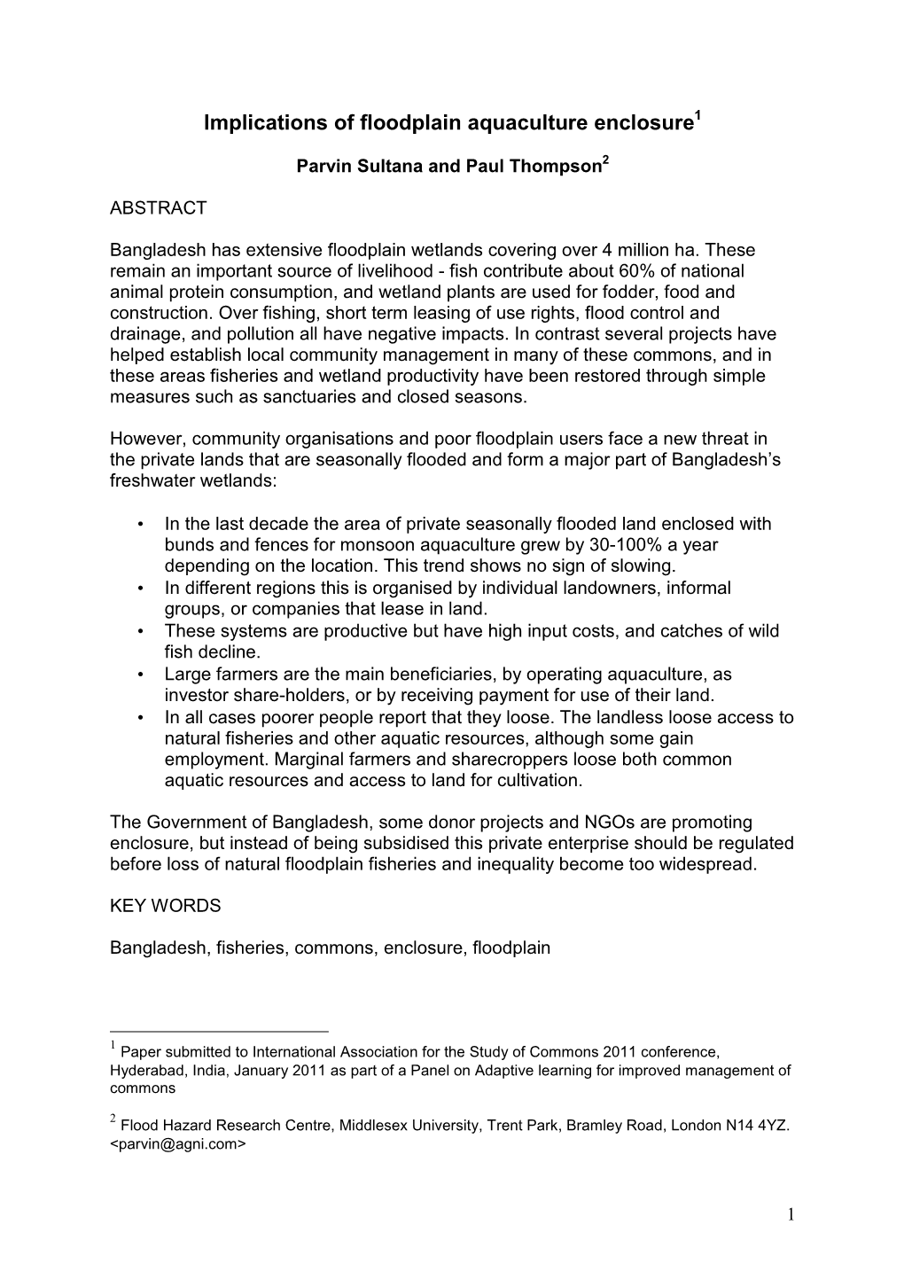 Implications of Floodplain Aquaculture Enclosure 1