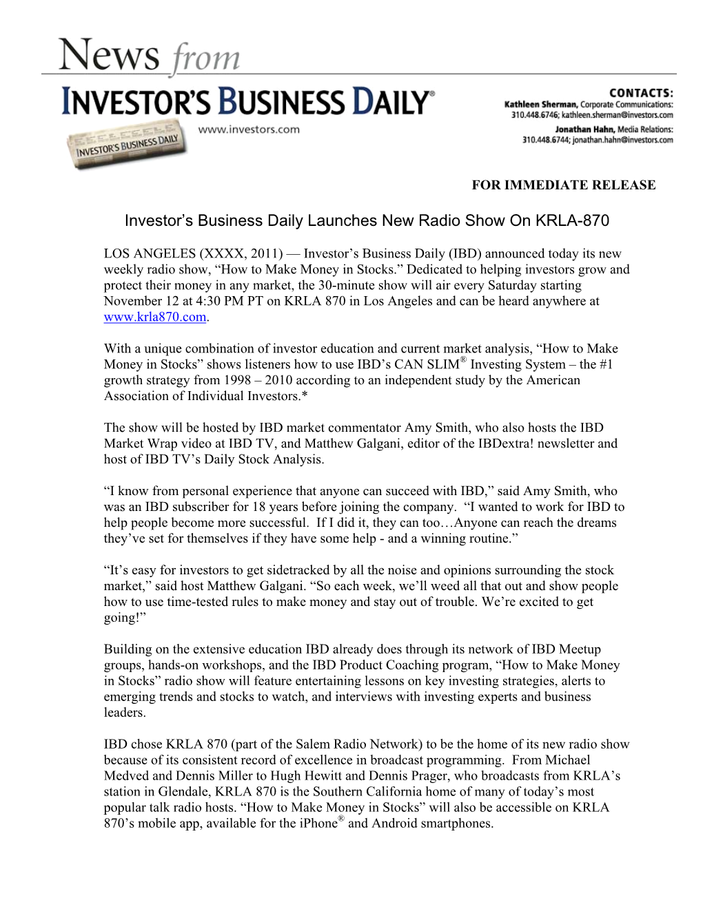 11/09/2011 Investor's Business Daily Launches New Radio Show On