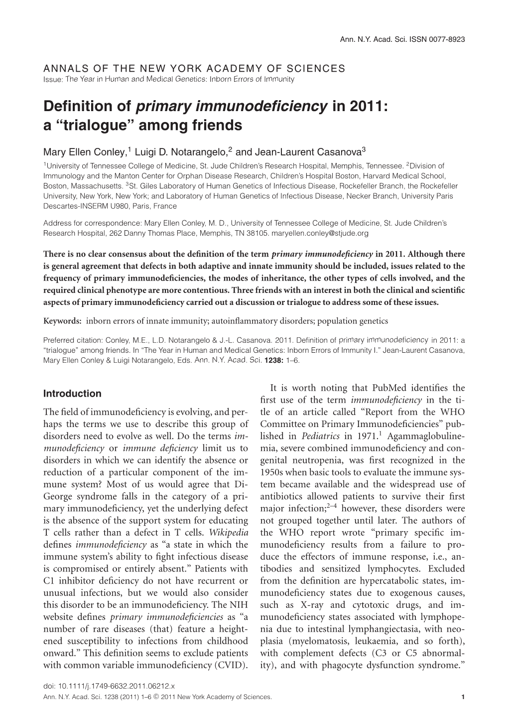 Definition of Primary Immunodeficiency in 2011: a Trialogue Among Friends