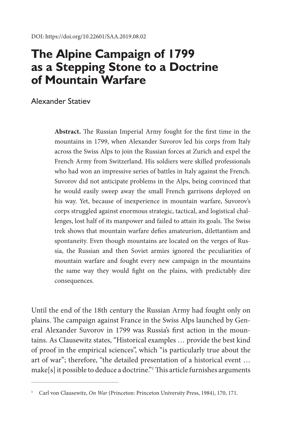 The Alpine Campaign of 1799 As a Stepping Stone to a Doctrine of Mountain Warfare