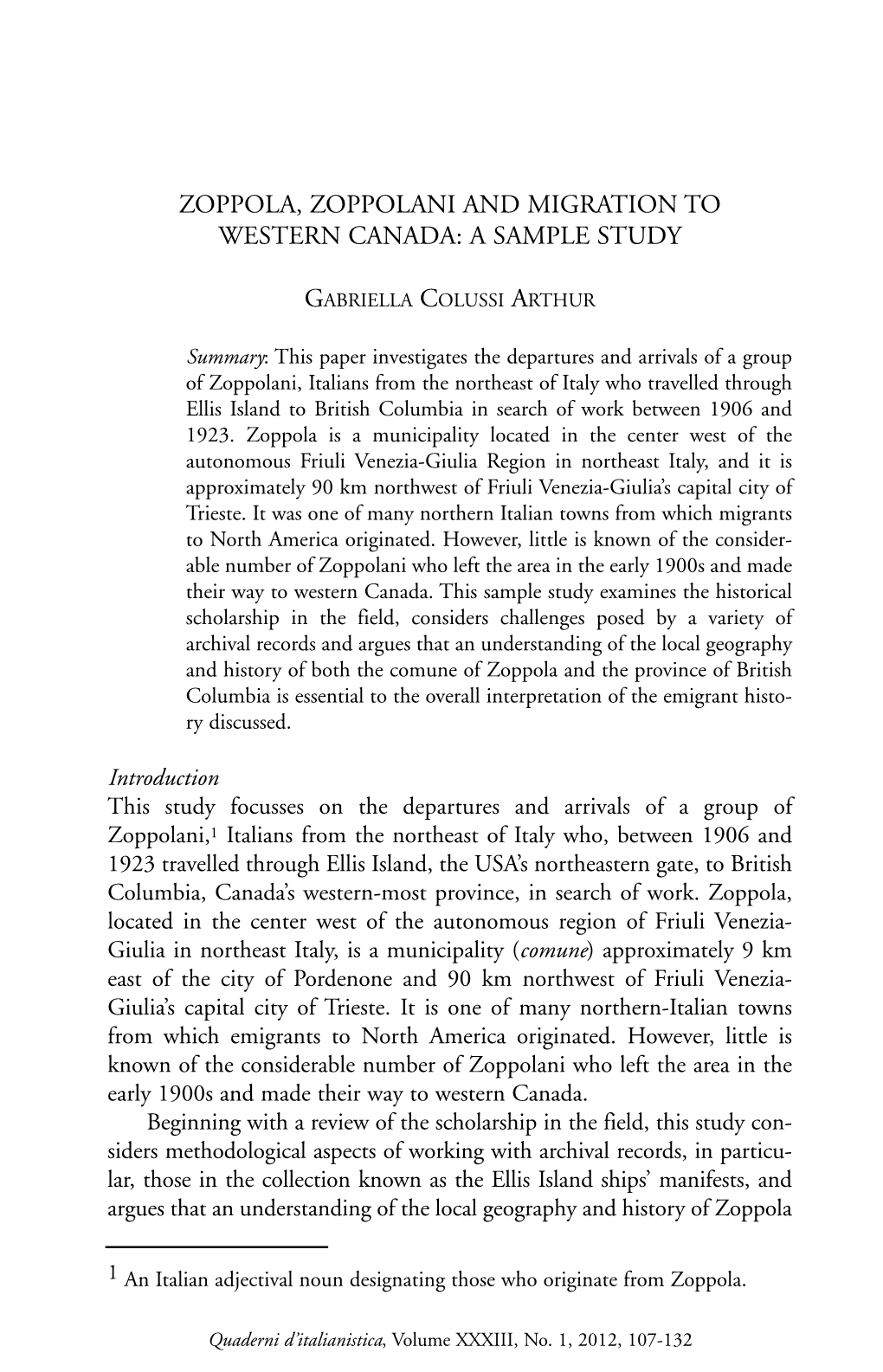 Zoppola, Zoppolani and Migration to Western Canada: a Sample Study