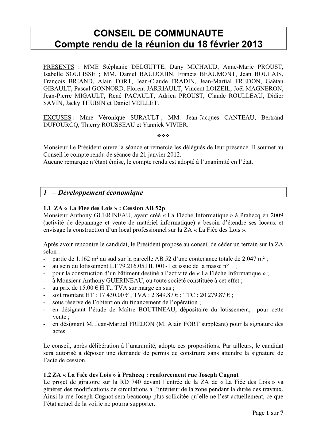 CONSEIL DE COMMUNAUTE Compte Rendu De La Réunion Du 18 Février 2013