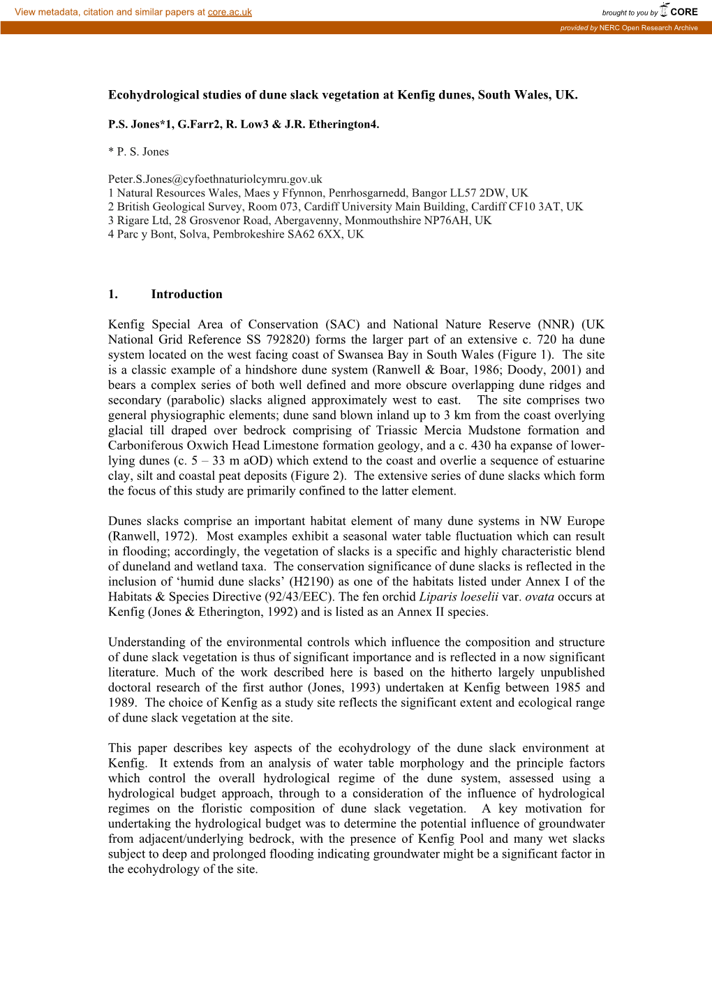 Ecohydrological Studies of Dune Slack Vegetation at Kenfig Dunes, South Wales, UK