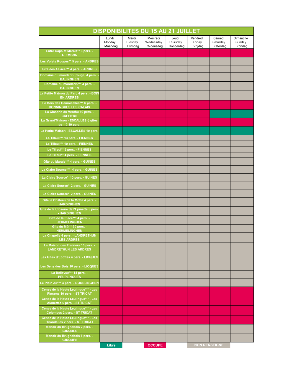 Disponibilites Du 15 Au 21 Juillet