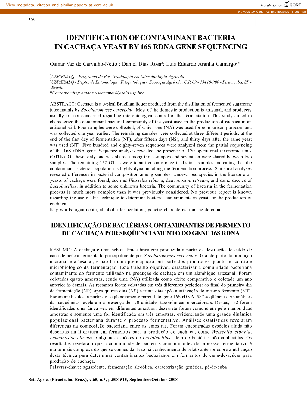 Identification of Contaminant Bacteria in Cachaça Yeast by 16S Rdna Gene Sequencing