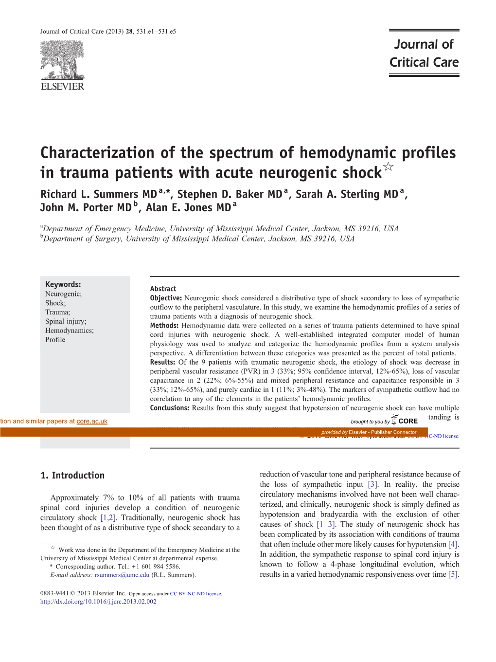 Characterization of the Spectrum of Hemodynamic Profiles in Trauma Patients with Acute Neurogenic Shock☆ Richard L