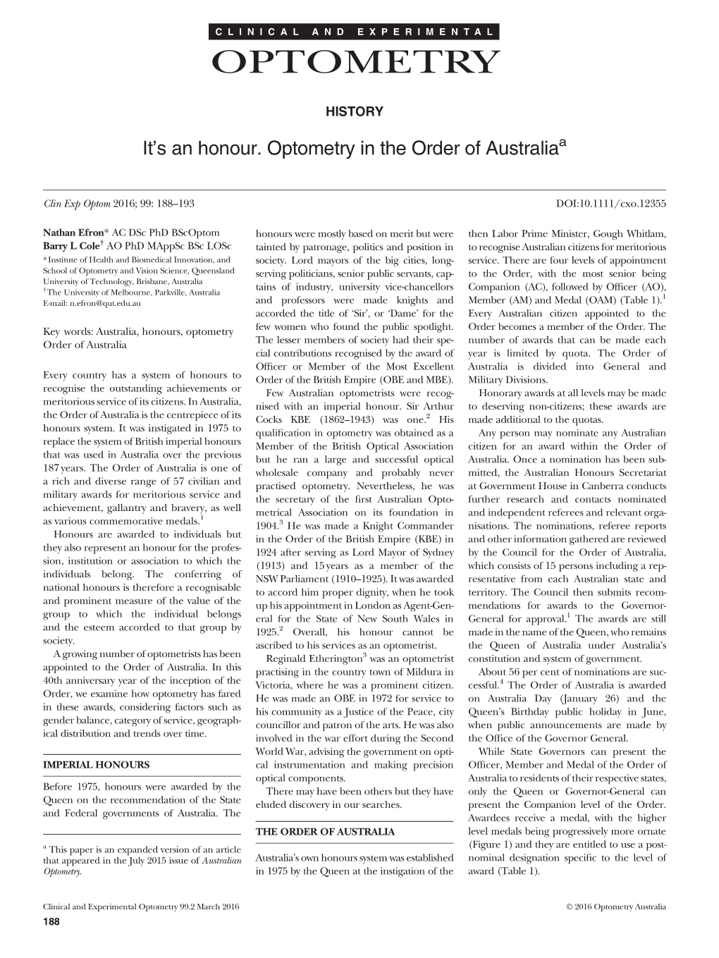 It's an Honour. Optometry in the Order of Australia