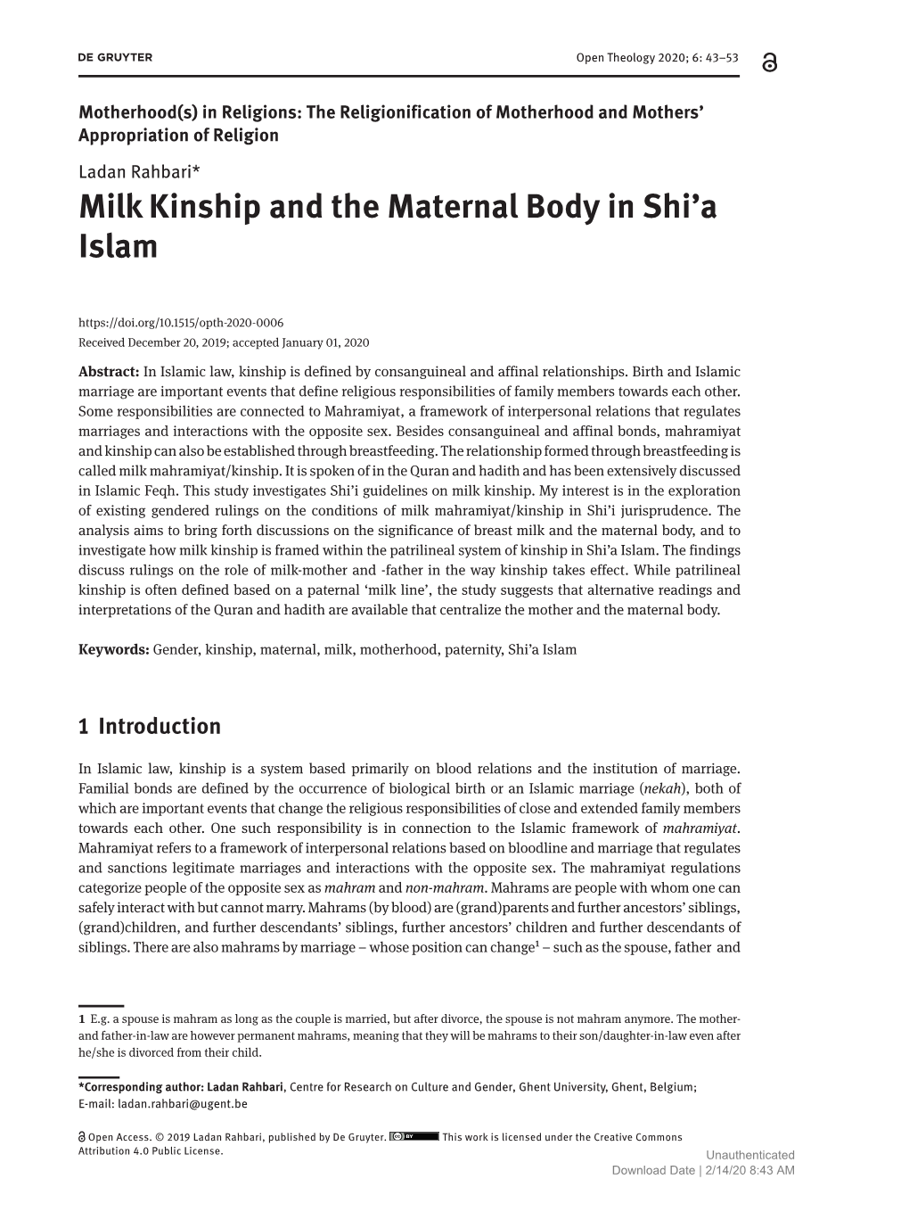 Milk Kinship and the Maternal Body in Shi'a Islam