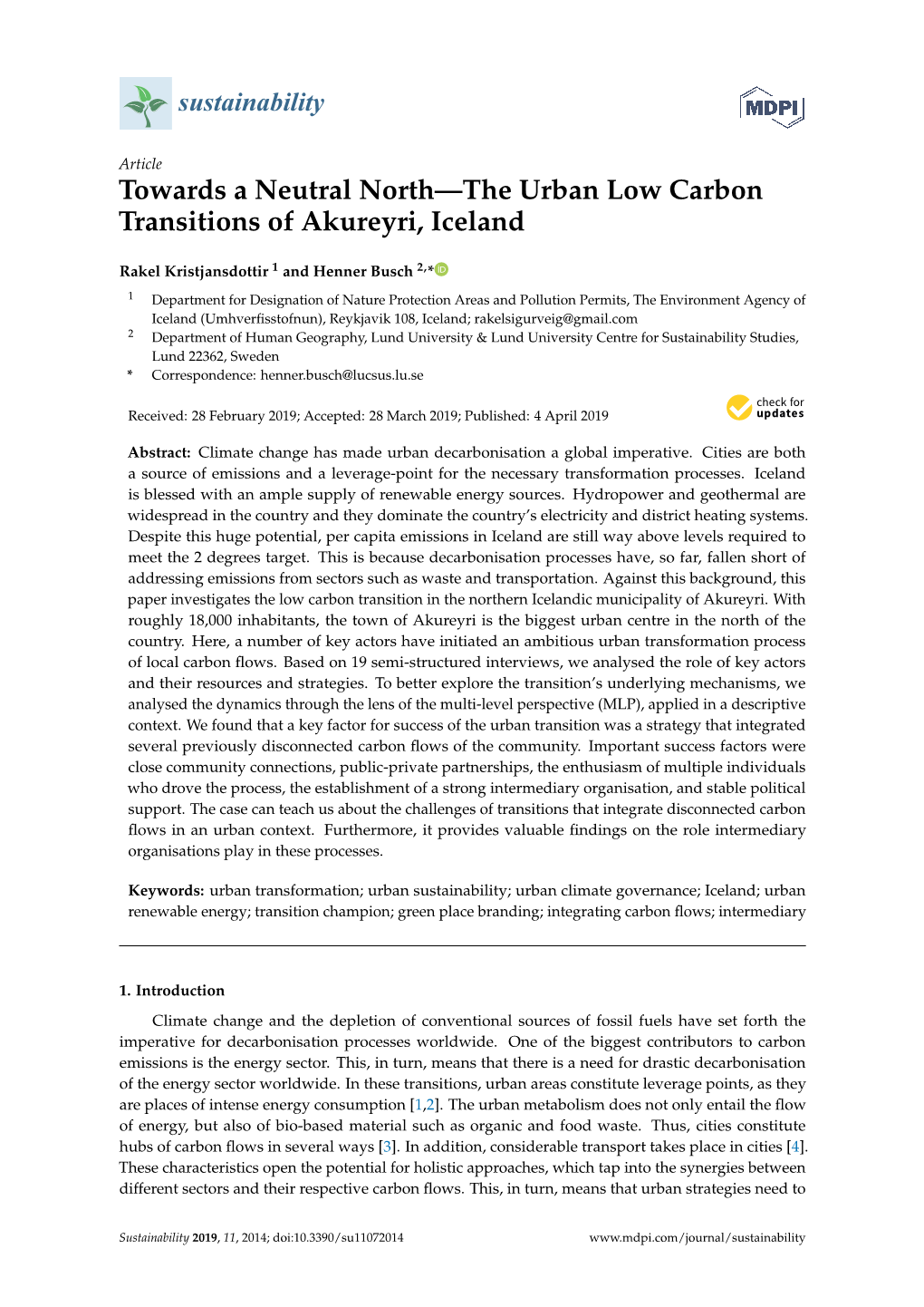 Towards a Neutral North—The Urban Low Carbon Transitions of Akureyri, Iceland
