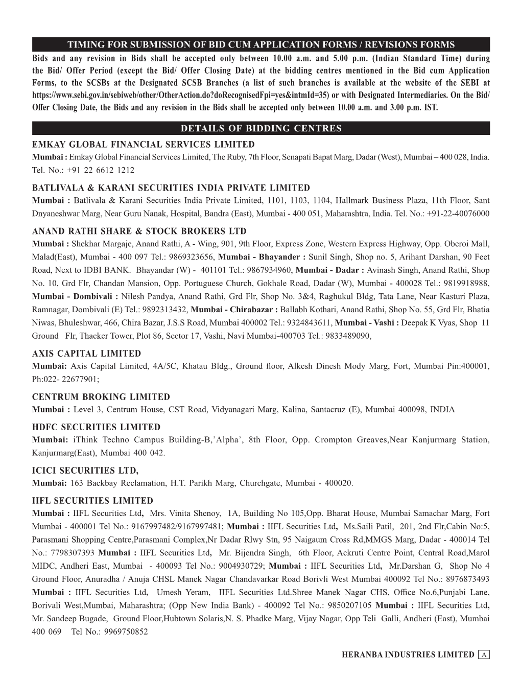 Heranba Industries Limited- Bidding Centres for Non-Resident of India