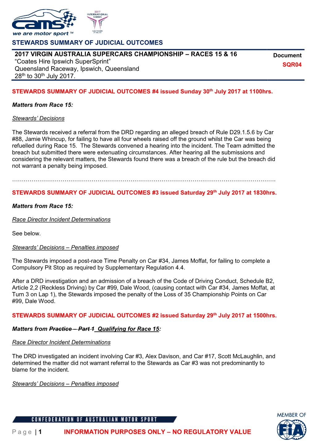 STEWARDS SUMMARY of JUDICIAL OUTCOMES Page