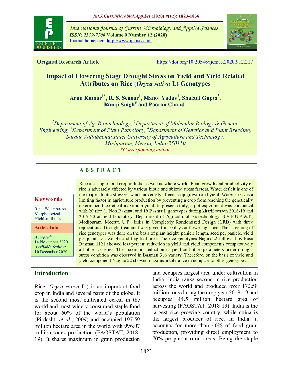 Impact of Flowering Stage Drought Stress on Yield and Yield Related Attributes on Rice (Oryza Sativa L) Genotypes