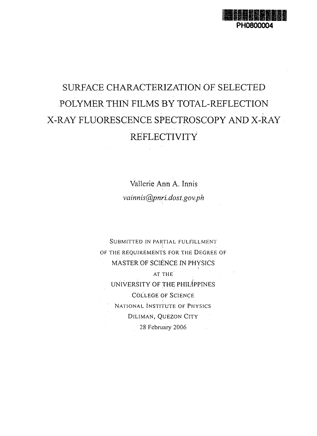 Surface Characterization of Selected Polymer Thin Films by Total-Reflection X-Ray Fluorescence Spectroscopy and X-Ray Reflectivity